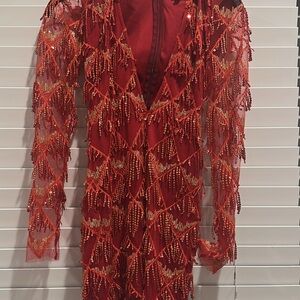 Red Beaded Long Sleeve Dress
